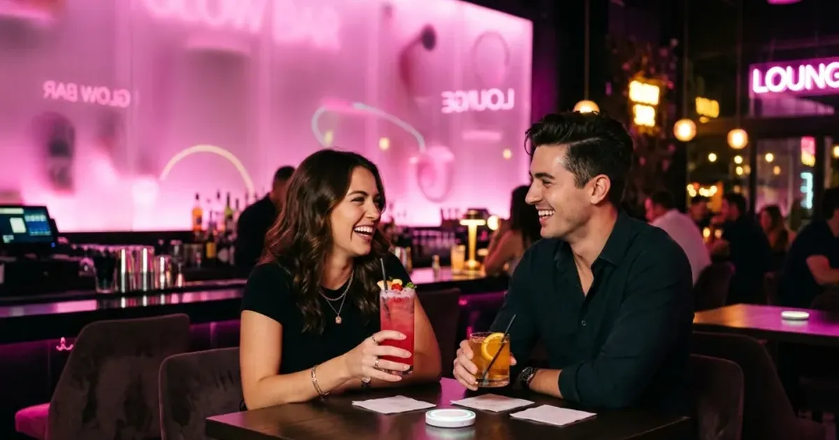 Two people meeting at a busy, well-lit public lounge