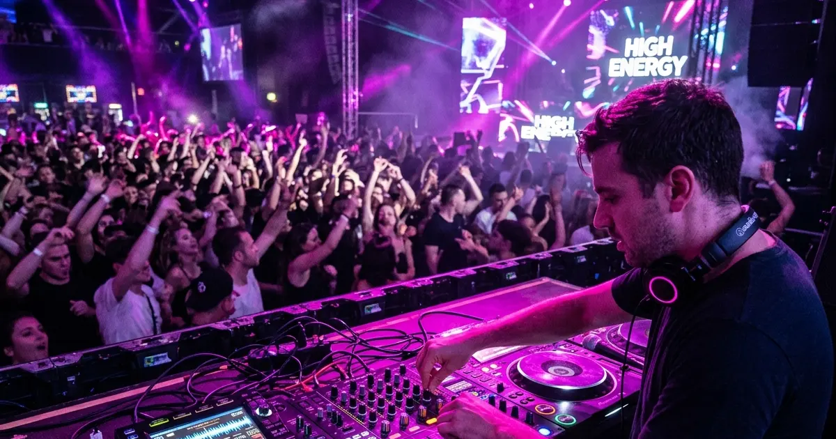 A DJ mixing on stage in front of an excited crowd under purple lights