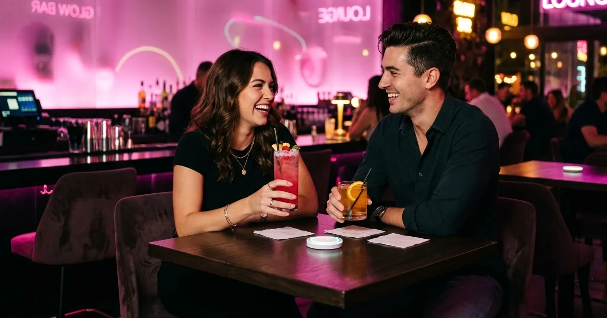 Two adults chatting over drinks at a busy, well-lit lounge