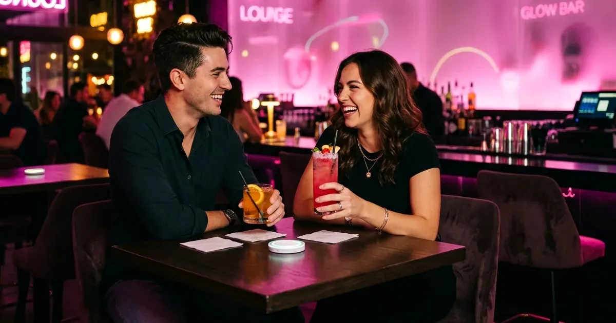 Two people chatting over coffee in a bright café