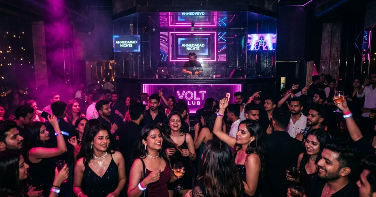 A lively crowd dancing under neon lights at an Ahmedabad DJ night
