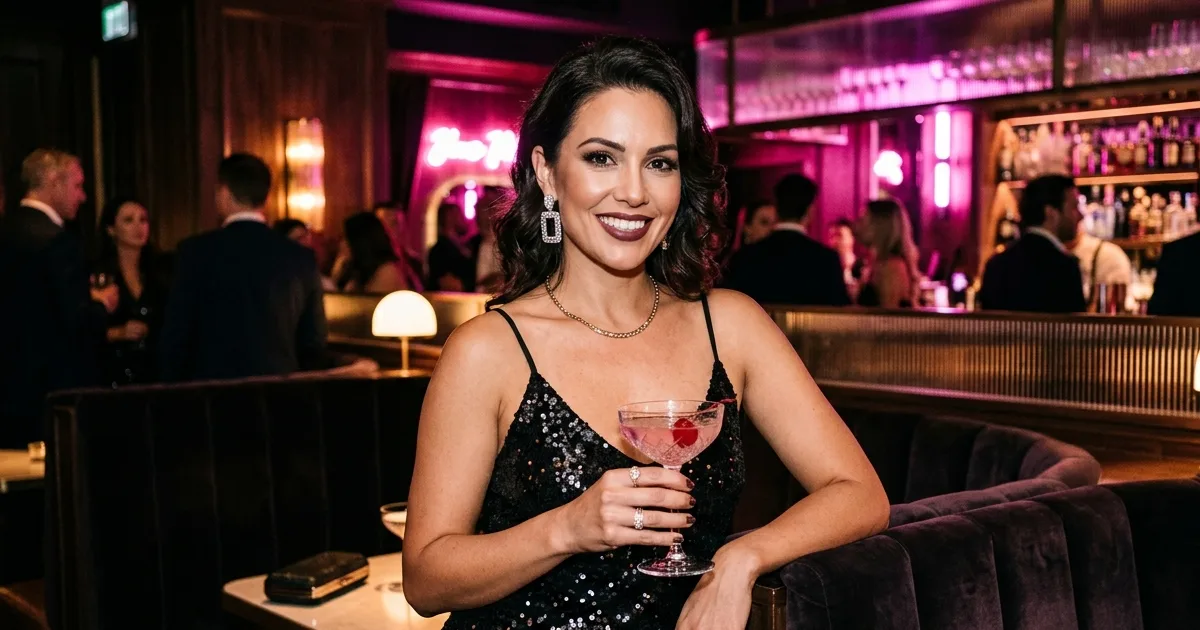 A smiling woman in an elegant outfit at a warmly lit lounge