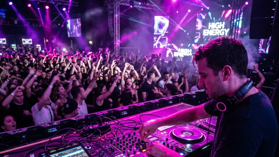 A DJ playing to a happy crowd under purple lights